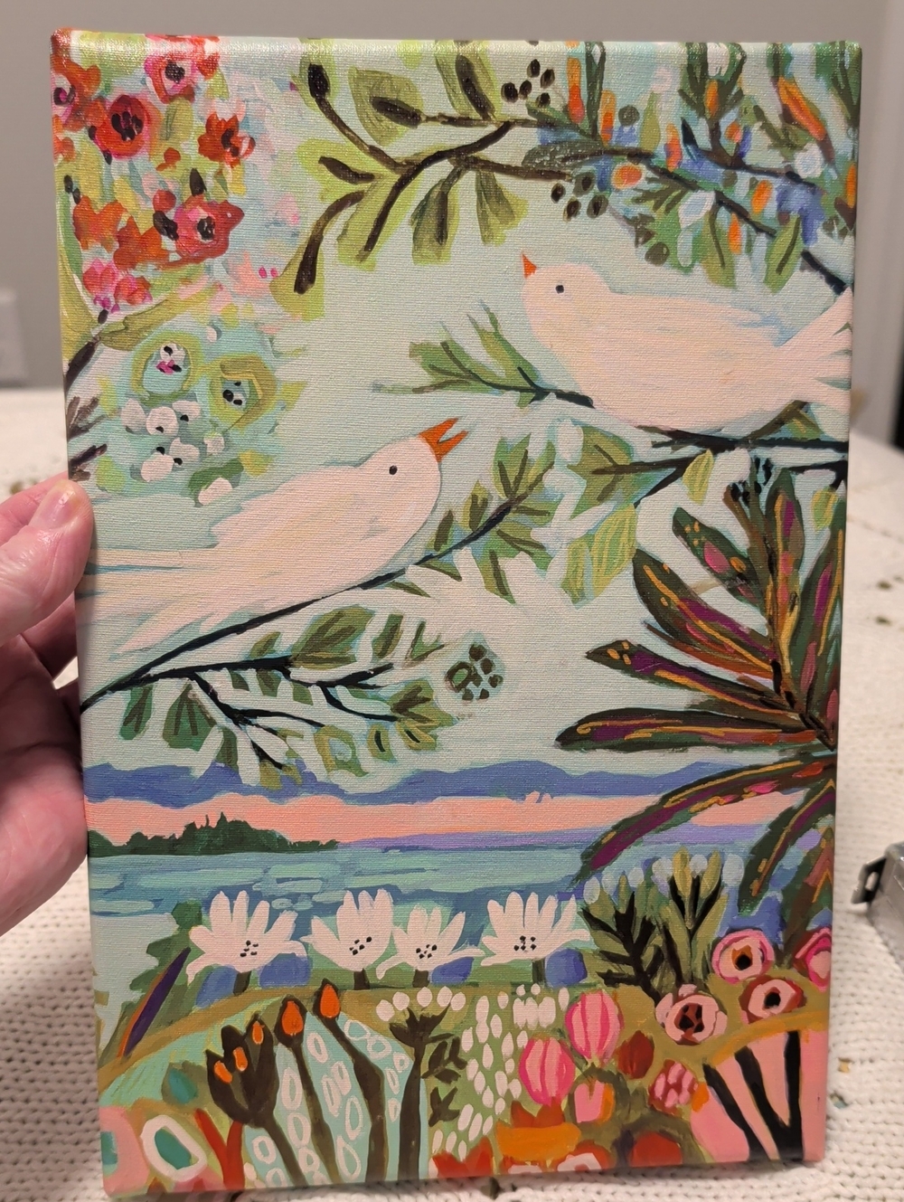 Tropical Art on Canvas Birds Floral Painting in Pink, Green, Blue 12X8